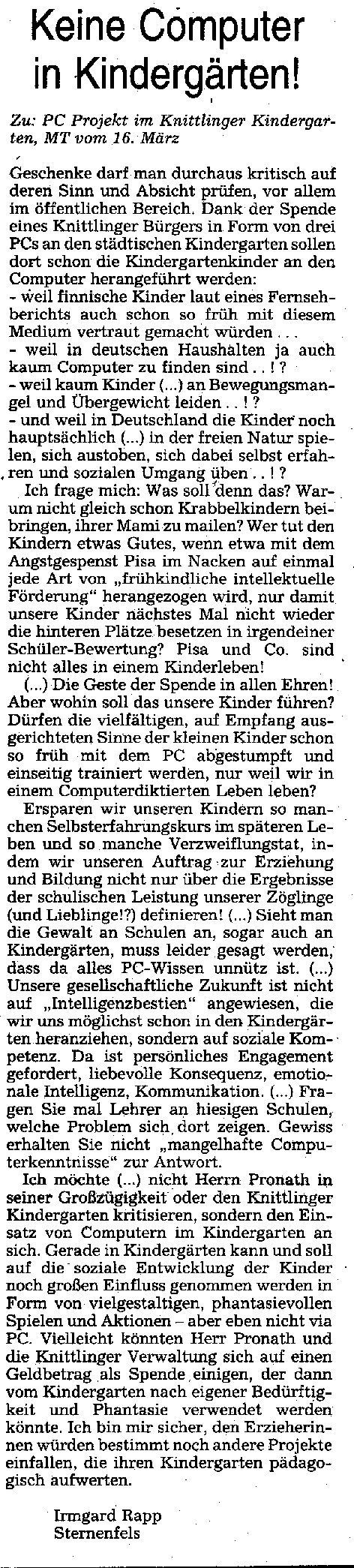 Leserbrief Kontra PC